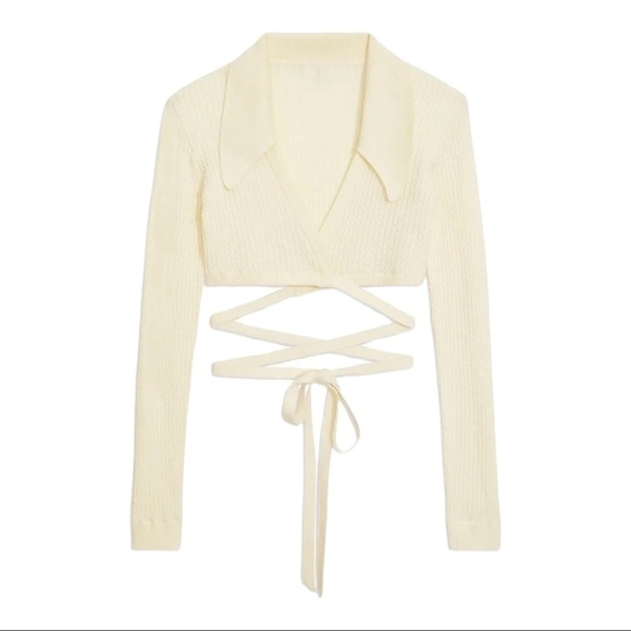 NWT DANIELLE BERNSTEIN Ivory Wrap Tie Waist Cable Knit Cropped Sweater XL - Picture 6 of 10